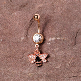 Black Clear Gem Rose Gold Tone Bee Dangle Belly Ring