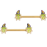 14G 9/16 Gold Tone Witch Halloween Barbell Nipple Ring Set