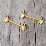 14G 9/16 Gold Tone Witch Halloween Barbell Nipple Ring Set
