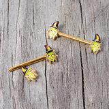 14G 9/16 Gold Tone Witch Halloween Barbell Nipple Ring Set