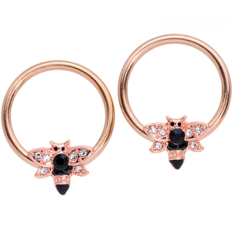 14G 9/16 Black Clear Gem Rose Gold Tone Bee BCR Nipple Ring Set