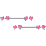 14G 9/16 Pink Double Hearts Barbell Nipple Ring Set