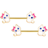 14G 9/16 Blue Gem Gold Tone Kitty Cat Barbell Nipple Ring Set