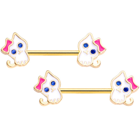 14G 9/16 Blue Gem Gold Tone Kitty Cat Barbell Nipple Ring Set