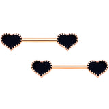 14G 9/16 Rose Gold Tone Black Heart Barbell Nipple Ring Set