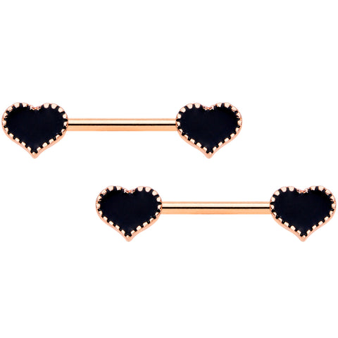 14G 9/16 Rose Gold Tone Black Heart Barbell Nipple Ring Set