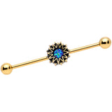 14G Aqua Gem Gold Tone Sunburst Flower Industrial Barbell 38mm