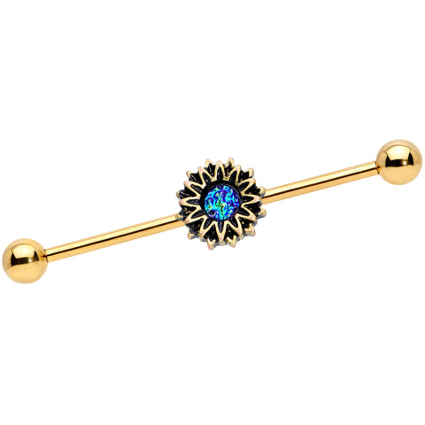 14G Aqua Gem Gold Tone Sunburst Flower Industrial Barbell 38mm
