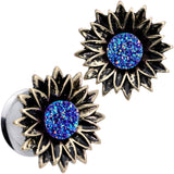 Blue Faux Druzy Sunburst Flower Double Flare Plug Set 2G to 1"