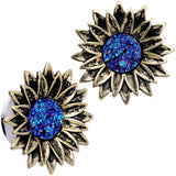 Blue Faux Druzy Sunburst Flower Double Flare Plug Set 2G to 1"