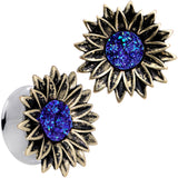 Blue Faux Druzy Sunburst Flower Double Flare Plug Set 2G to 1"