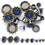 Blue Faux Druzy Sunburst Flower Double Flare Plug Set 2G to 1"