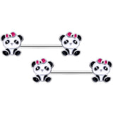 14G 9/16 Black White Precious Panda Barbell Nipple Ring Set