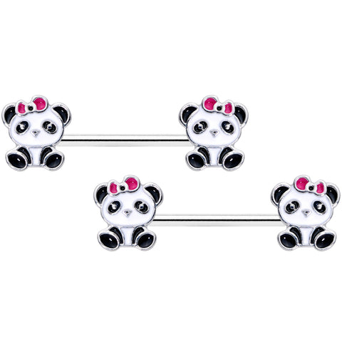 14G 9/16 Black White Precious Panda Barbell Nipple Ring Set