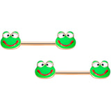 14G 9/16 Rose Gold Tone Green Goofy Frog Barbell Nipple Ring Set