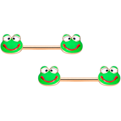 14G 9/16 Rose Gold Tone Green Goofy Frog Barbell Nipple Ring Set