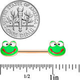 14G 9/16 Rose Gold Tone Green Goofy Frog Barbell Nipple Ring Set