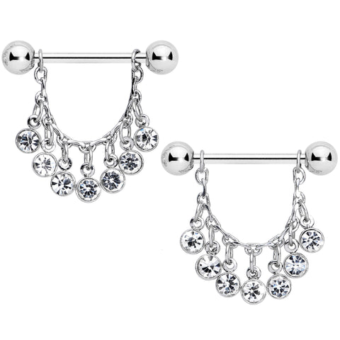14G 5/8 Clear Gem Fringe Dangle Barbell Nipple Ring Set