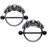14G 7/8 Aurora Gem Black Winged Skull Halloween Nipple Shield Set