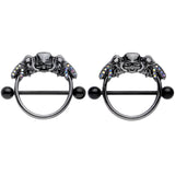 14G 7/8 Aurora Gem Black Winged Skull Halloween Nipple Shield Set