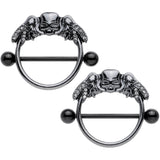 14G 7/8 Clear Gem Black Winged Skull Halloween Nipple Shield Set