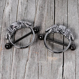 14G 7/8 Clear Gem Black Winged Skull Halloween Nipple Shield Set