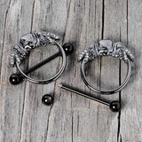 14G 7/8 Clear Gem Black Winged Skull Halloween Nipple Shield Set