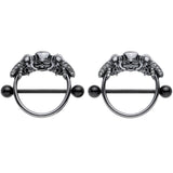14G 7/8 Clear Gem Black Winged Skull Halloween Nipple Shield Set