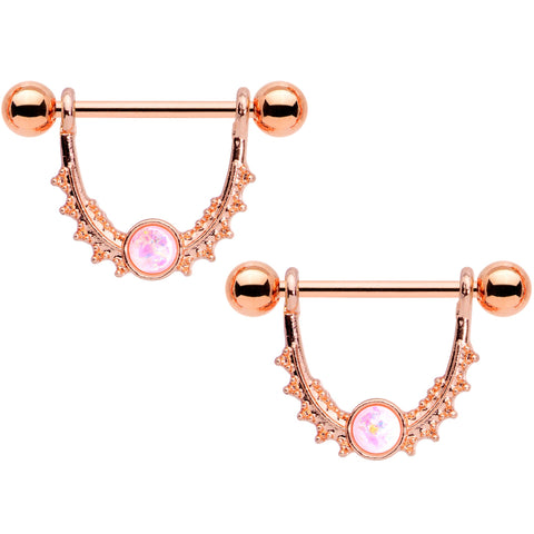 14G 9/16 White Faux Opal Rose Gold Tone Dangle Nipple Ring Set