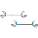 14G 9/16 Blue CZ Gem Crescent Moon Heart Barbell Nipple Ring Set