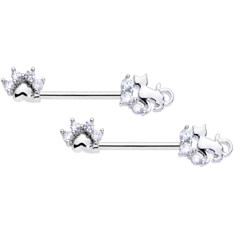 14G 9/16 Clear CZ Gem Paw Print Cat Barbell Nipple Ring Set