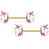 14G 9/16 Gold Tone Rainbow Unicorn Barbell Nipple Ring Set