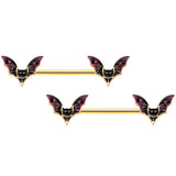 14G 9/16 Pink Gem Gold Tone Bat Halloween Barbell Nipple Ring Set