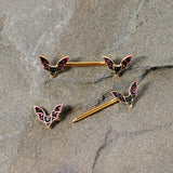 14G 9/16 Pink Gem Gold Tone Bat Halloween Barbell Nipple Ring Set