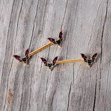 14G 9/16 Pink Gem Gold Tone Bat Halloween Barbell Nipple Ring Set