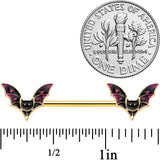 14G 9/16 Pink Gem Gold Tone Bat Halloween Barbell Nipple Ring Set