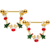 14G 9/16 Gold Tone Reindeer Christmas Tree Dangle Nipple Ring Set