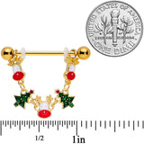 14G 9/16 Gold Tone Reindeer Christmas Tree Dangle Nipple Ring Set
