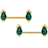 14G 9/16 Green Gem Gold Tone Drop Barbell Nipple Ring Set