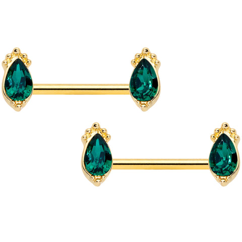 14G 9/16 Green Gem Gold Tone Drop Barbell Nipple Ring Set
