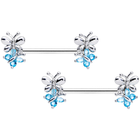 14G 5/8 Aqua CZ Gem Butterfly Barbell Nipple Set