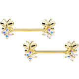 14G 5/8 Aurora CZ Gem Gold Tone Butterfly Barbell Nipple Set