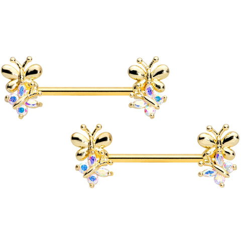 14G 5/8 Aurora CZ Gem Gold Tone Butterfly Barbell Nipple Set