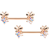 14G 5/8 Aurora CZ Gem Rose Gold Tone Butterfly Barbell Nipple Set