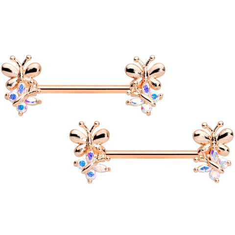 14G 5/8 Aurora CZ Gem Rose Gold Tone Butterfly Barbell Nipple Set
