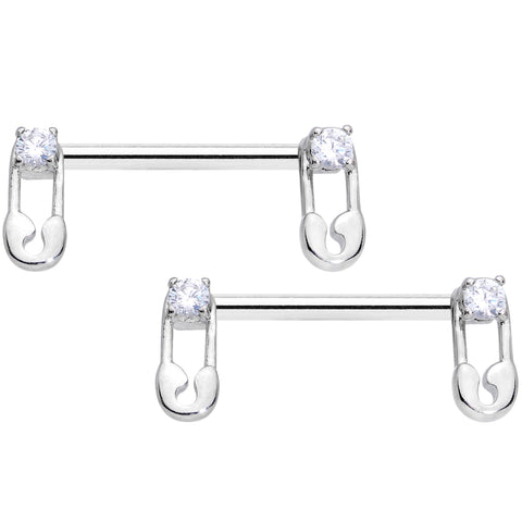 14G 9/16 Clear CZ Gem Punk Safety Pin Barbell Nipple Ring Set