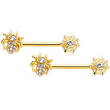 14G 5/8 Clear Gem Gold Tone Spider Web Barbell Nipple Ring Set