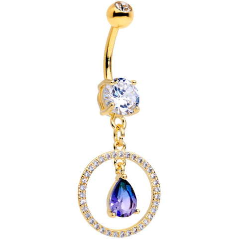 Blue Green CZ Gem Gold Tone Drop Loop Dangle Belly Ring