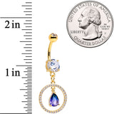 Blue Green CZ Gem Gold Tone Drop Loop Dangle Belly Ring