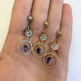 Blue Green CZ Gem Gold Tone Drop Loop Dangle Belly Ring